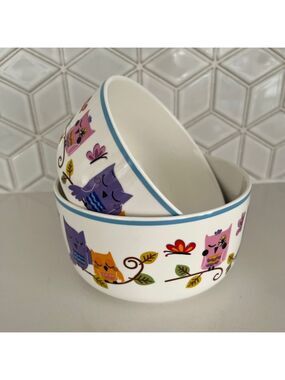 CIROA Set of 2 Bowls Owl Butterfly Design Fine Porcelain  Woodland Whimsical
